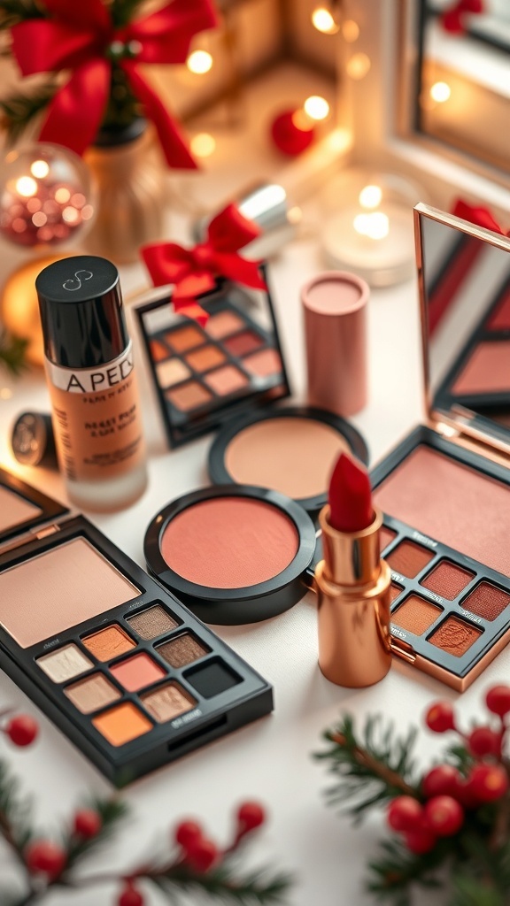 Makeup products for a simple Christmas aesthetic with festive colors and decorations.